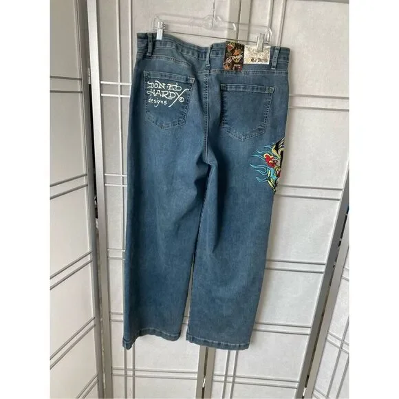 ED HARDY HIGH RISE WIDE LEG EAGLE EMBROIDERED JEANS SZ 34